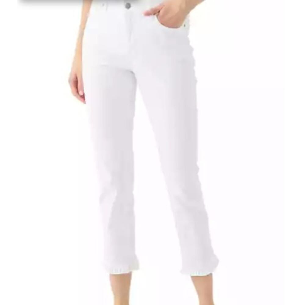 Kim Rogers Pants Women's White Crop Capri Ruffle Women's Size 10 Petite NWOT